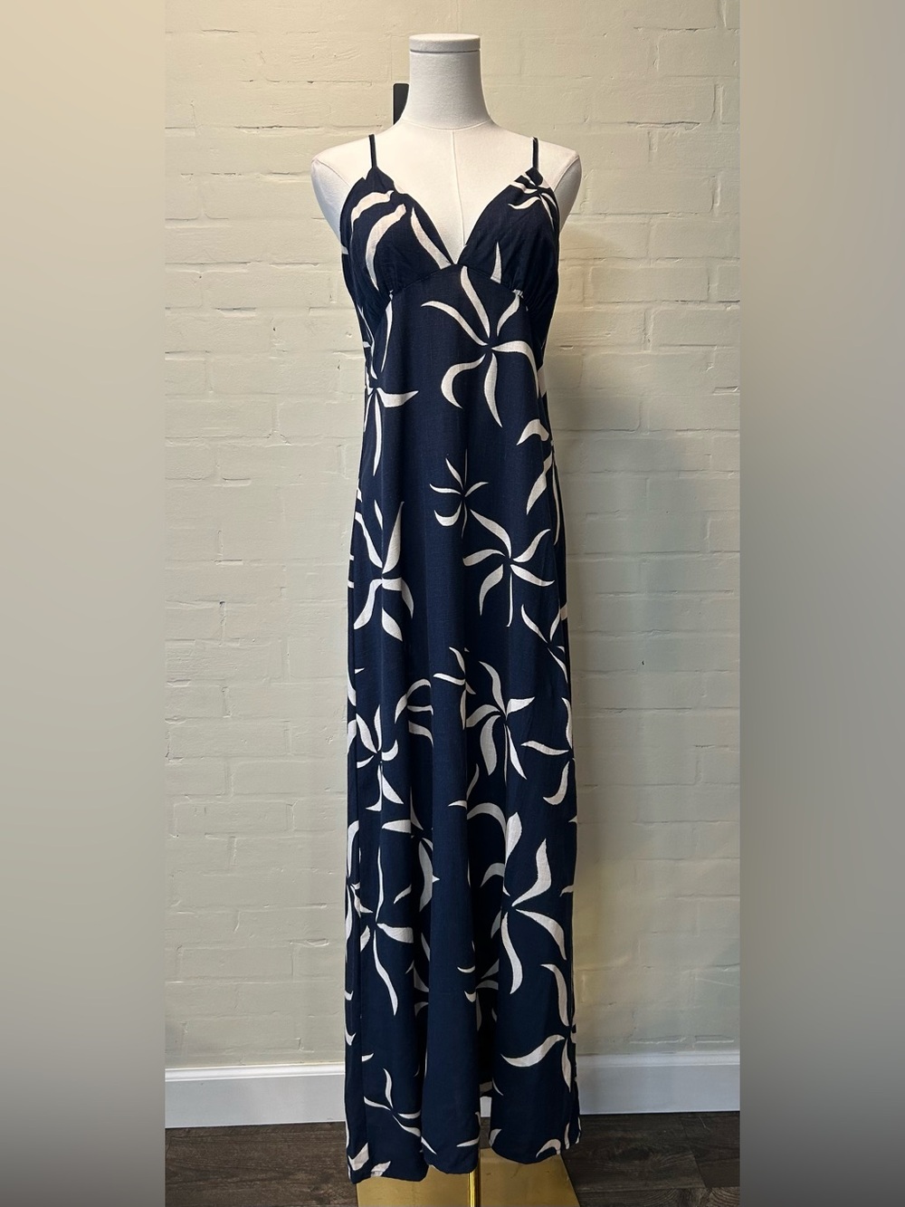 Paper Heart Linen Blend Maxi Dress Navy Ivory Size L Floral Coastal Resort